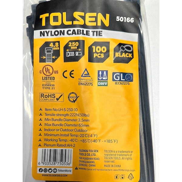 Tolsen Cable Tie, 10 in L, 65 mm Max Bundle Dia., Black, Nylon 6/6, 50 lb Strength, 100 PK 50166 - main
